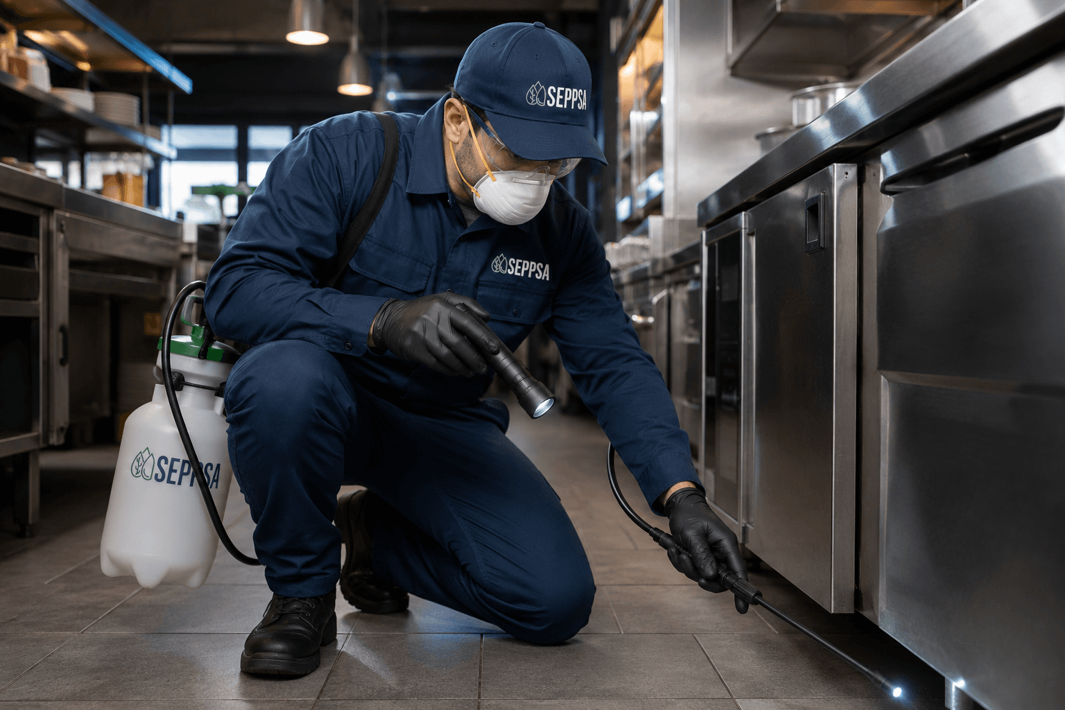 Operario de SEPPSA realizando control de plagas en cocina industrial