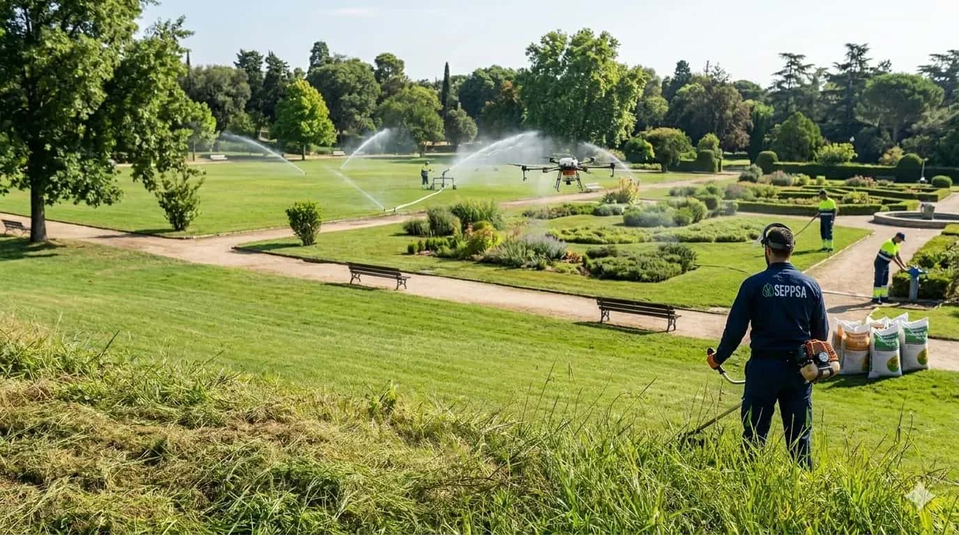 Operario de SEPPSA en mantenimiento de áreas verdes